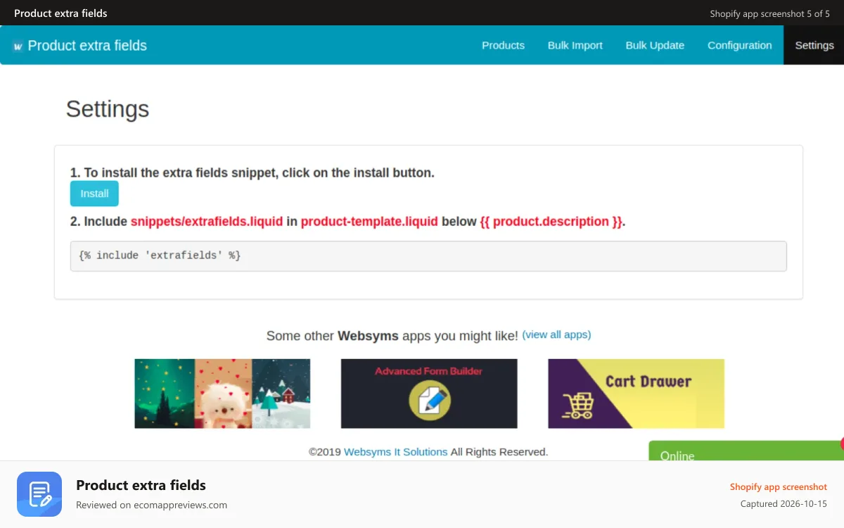 Product extra fields Shopify app screenshot: App Settings