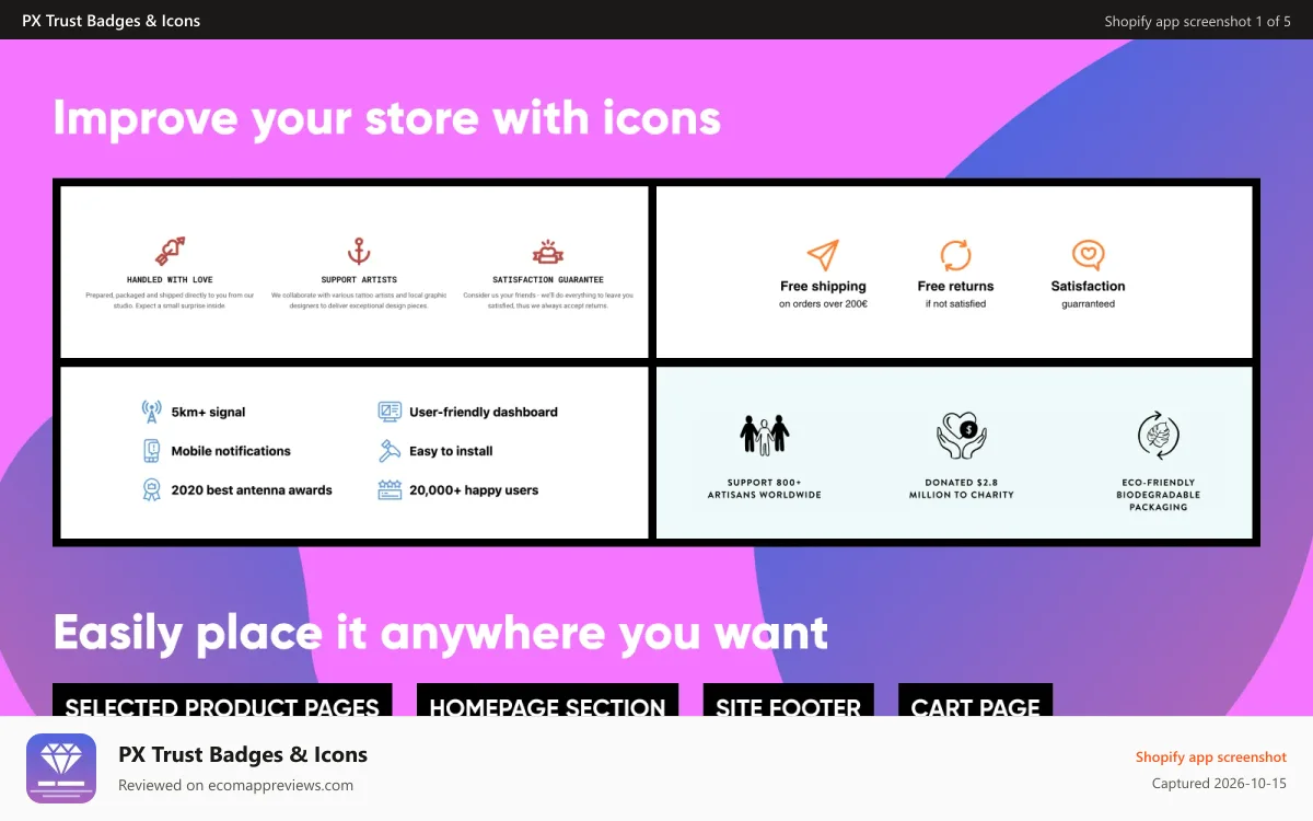 PX Trust Badges & Icons Shopify app screenshot: Guarantees & Features Icons