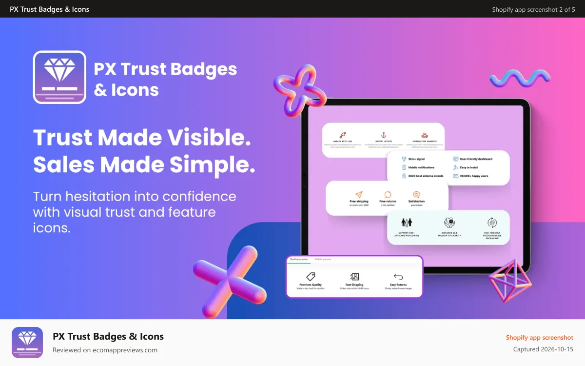 PX Trust Badges & Icons Shopify app screenshot: PX Trust Badges app banner with icons and tablet preview