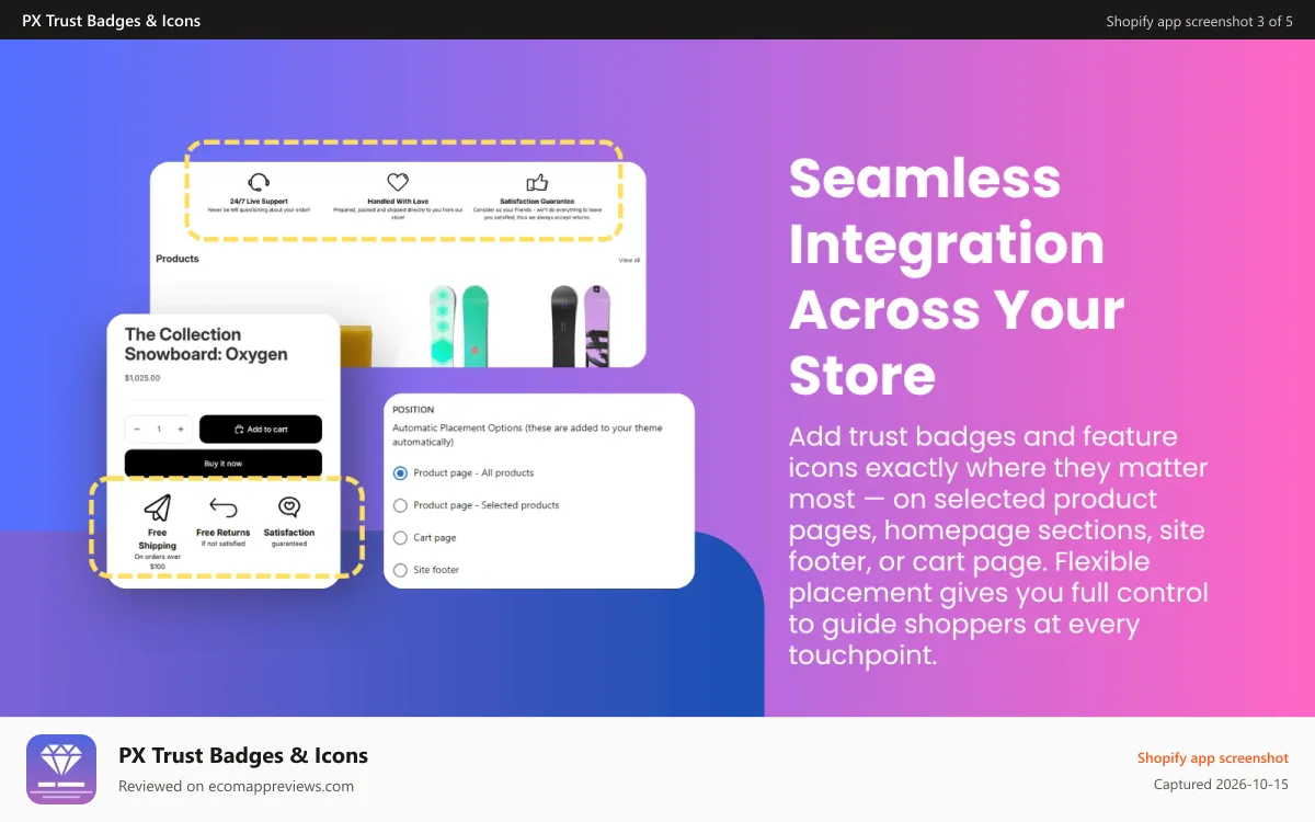 PX Trust Badges & Icons Shopify app screenshot: PX Trust Badges integration preview on product page layout
