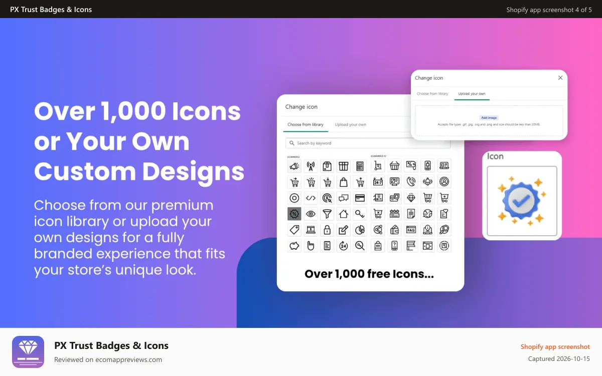 PX Trust Badges & Icons Shopify app screenshot: Over 1,000 free icons or custom uploads in PX Trust Badges app