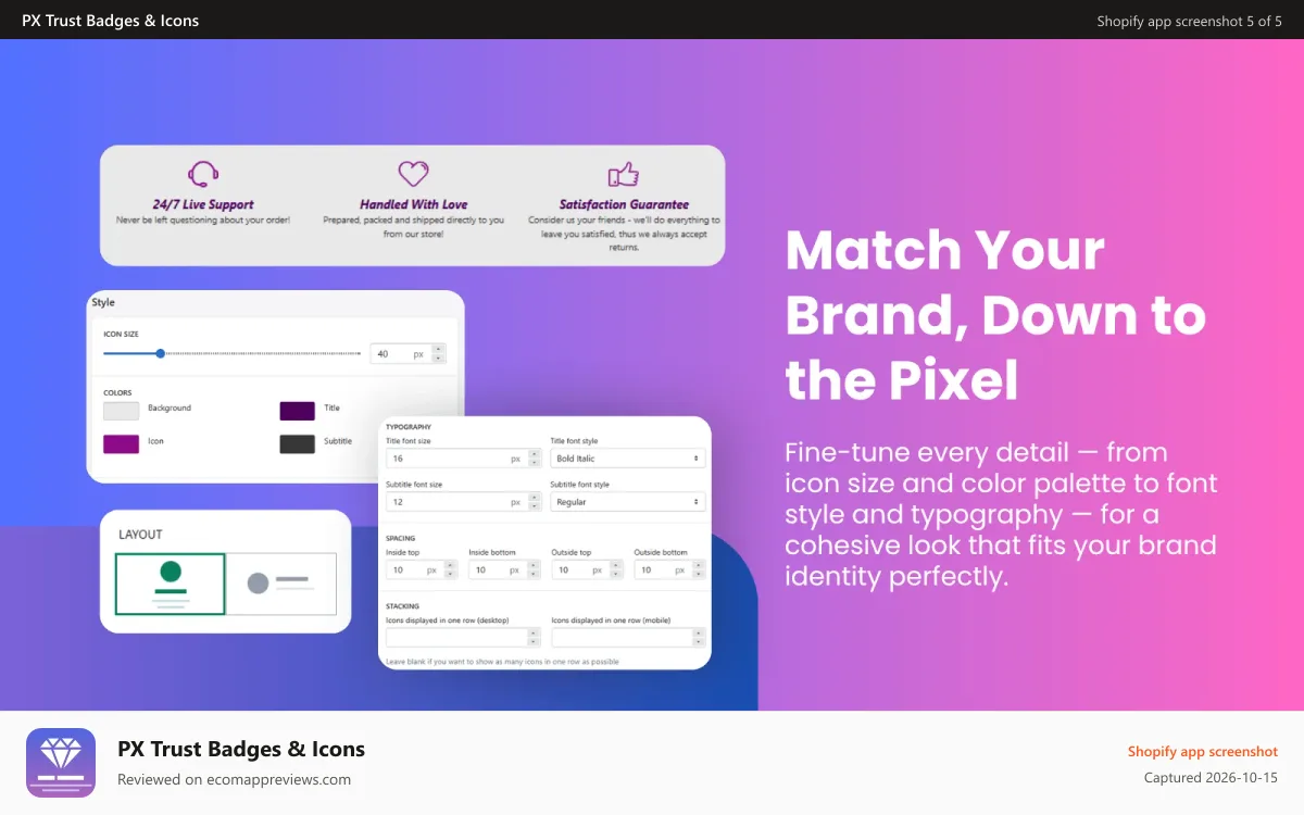 PX Trust Badges & Icons Shopify app screenshot: PX Trust Badges style editor showing icon size and typography