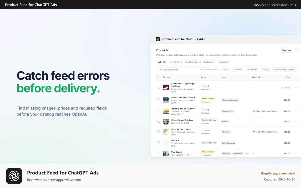 Product Feed for ChatGPT Ads Shopify app screenshot: App live