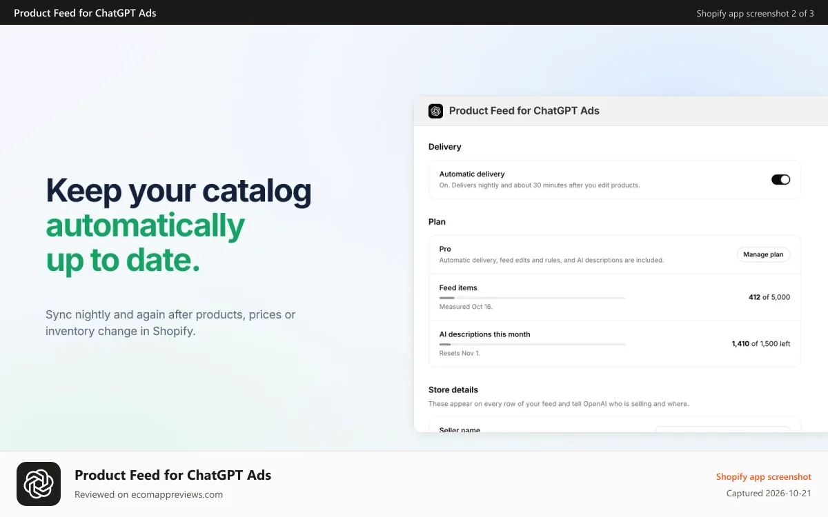 Product Feed for ChatGPT Ads Shopify app screenshot: Status