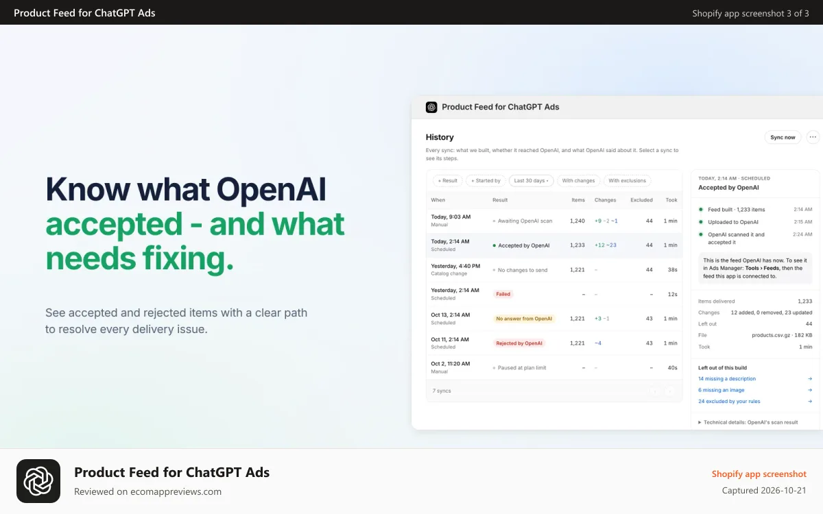 Product Feed for ChatGPT Ads Shopify app screenshot: Settings