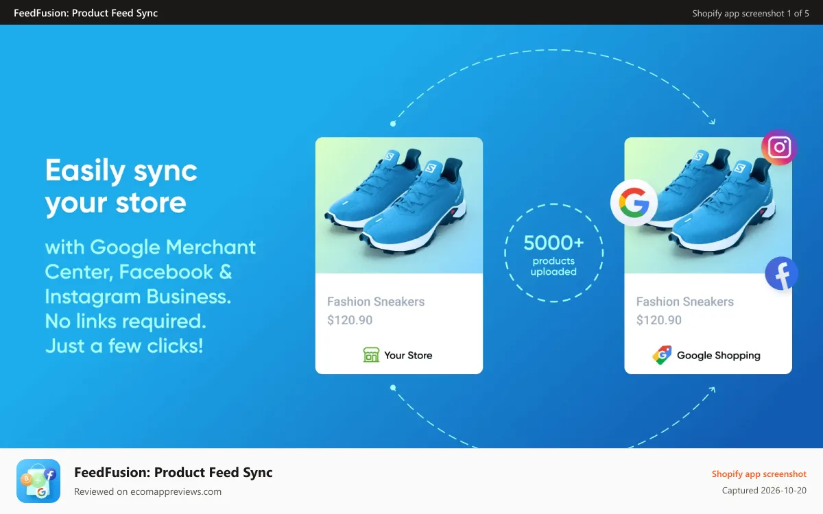 FeedFusion: Product Feed Sync Shopify app screenshot: Integrate with Google Merchant Center and Facebook Business