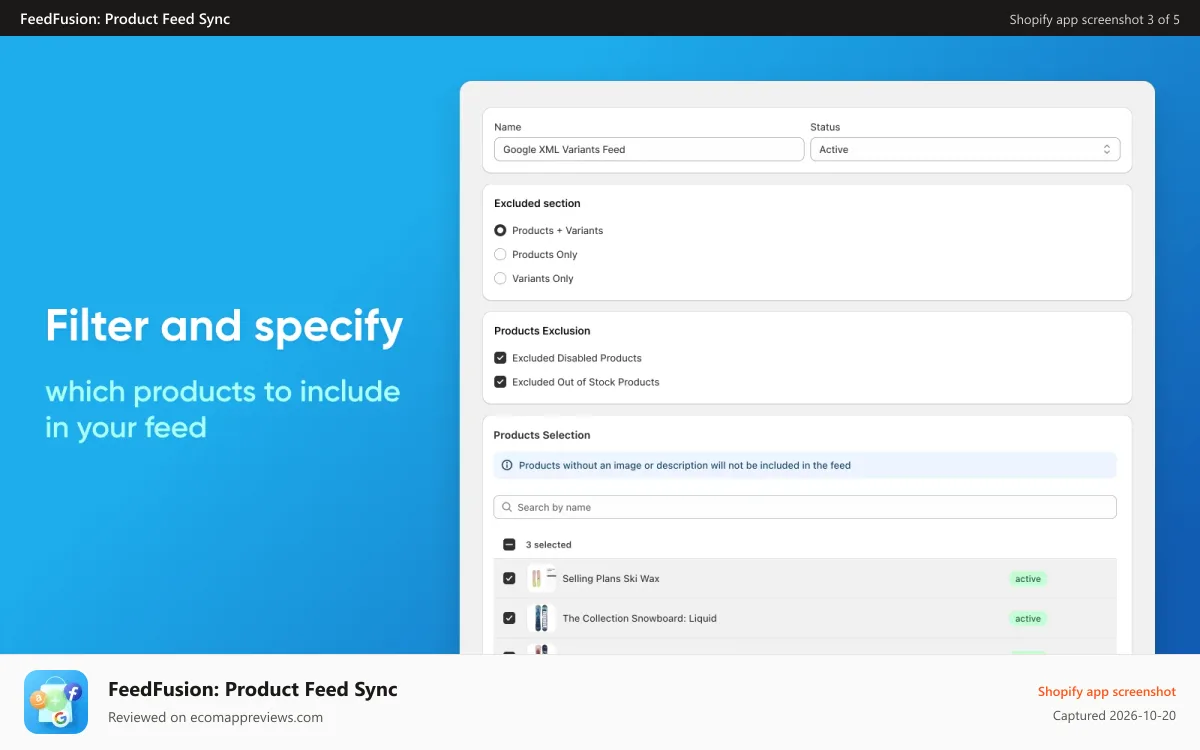 FeedFusion: Product Feed Sync Shopify app screenshot: Take full control over product feeds with filtering option