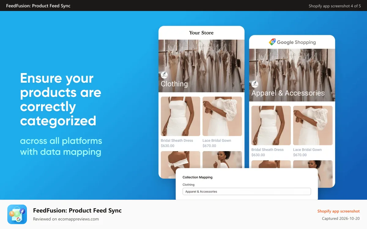 FeedFusion: Product Feed Sync Shopify app screenshot: Ensure your categories and product types match with mapping