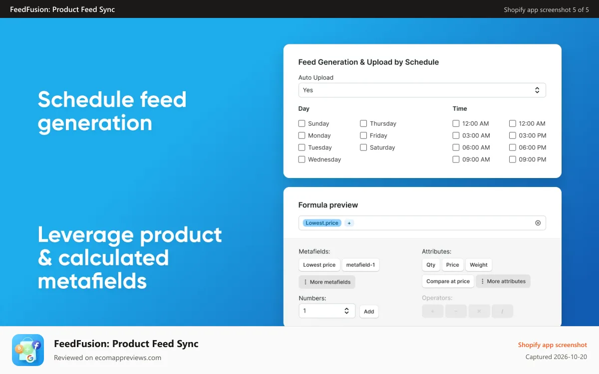 FeedFusion: Product Feed Sync Shopify app screenshot: Save your time by scheduling feed generation process