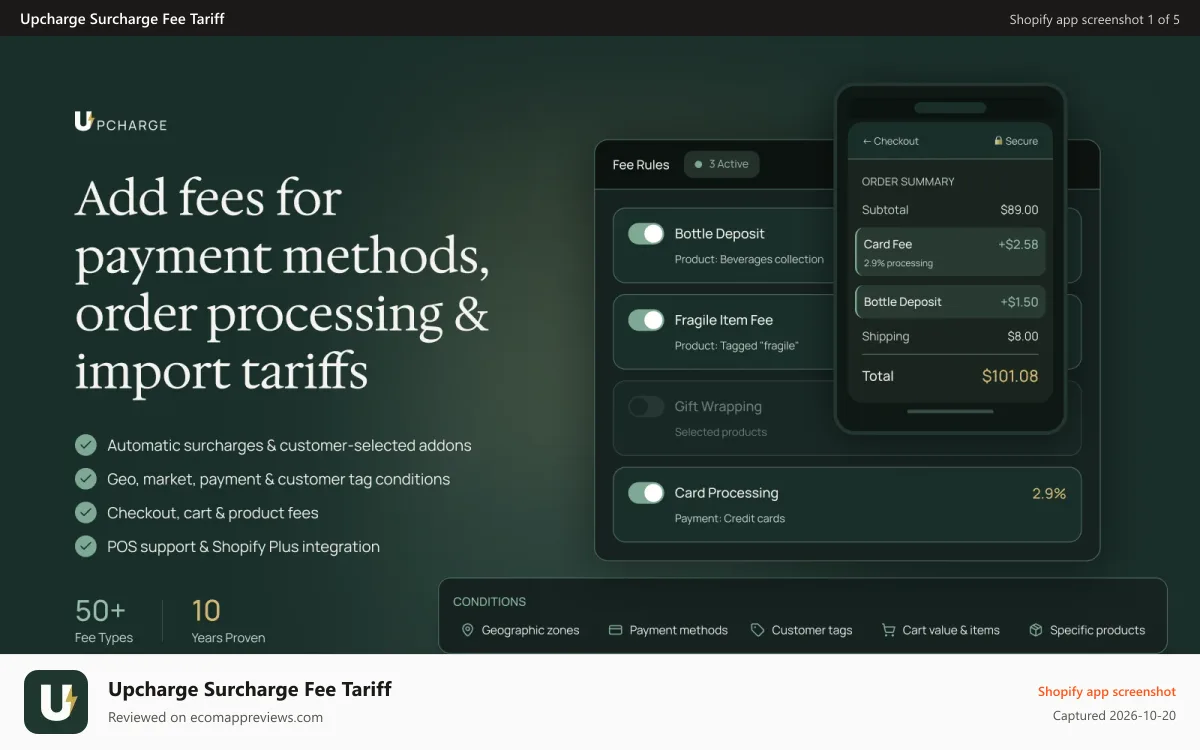 Upcharge Surcharge Fee Tariff Shopify app screenshot: Add fees for payment methods, order processing & import tariffs