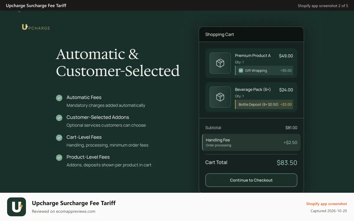 Upcharge Surcharge Fee Tariff Shopify app screenshot: Product fee, cart fee, handling fee, automatic fee, addon