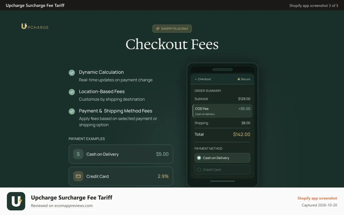 Upcharge Surcharge Fee Tariff Shopify app screenshot: Checkout fees, cod fee, credit card fee
