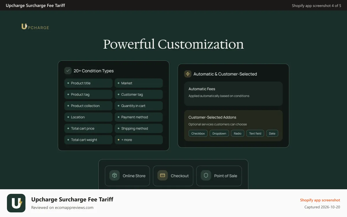 Upcharge Surcharge Fee Tariff Shopify app screenshot: Customize fees, apply conditions, pos, checkout
