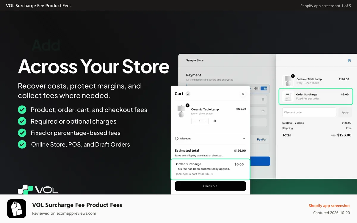 VOL Surcharge Fee Product Fees Shopify app screenshot: Add product fees, tariffs, surcharges, checkout fees in Shopify