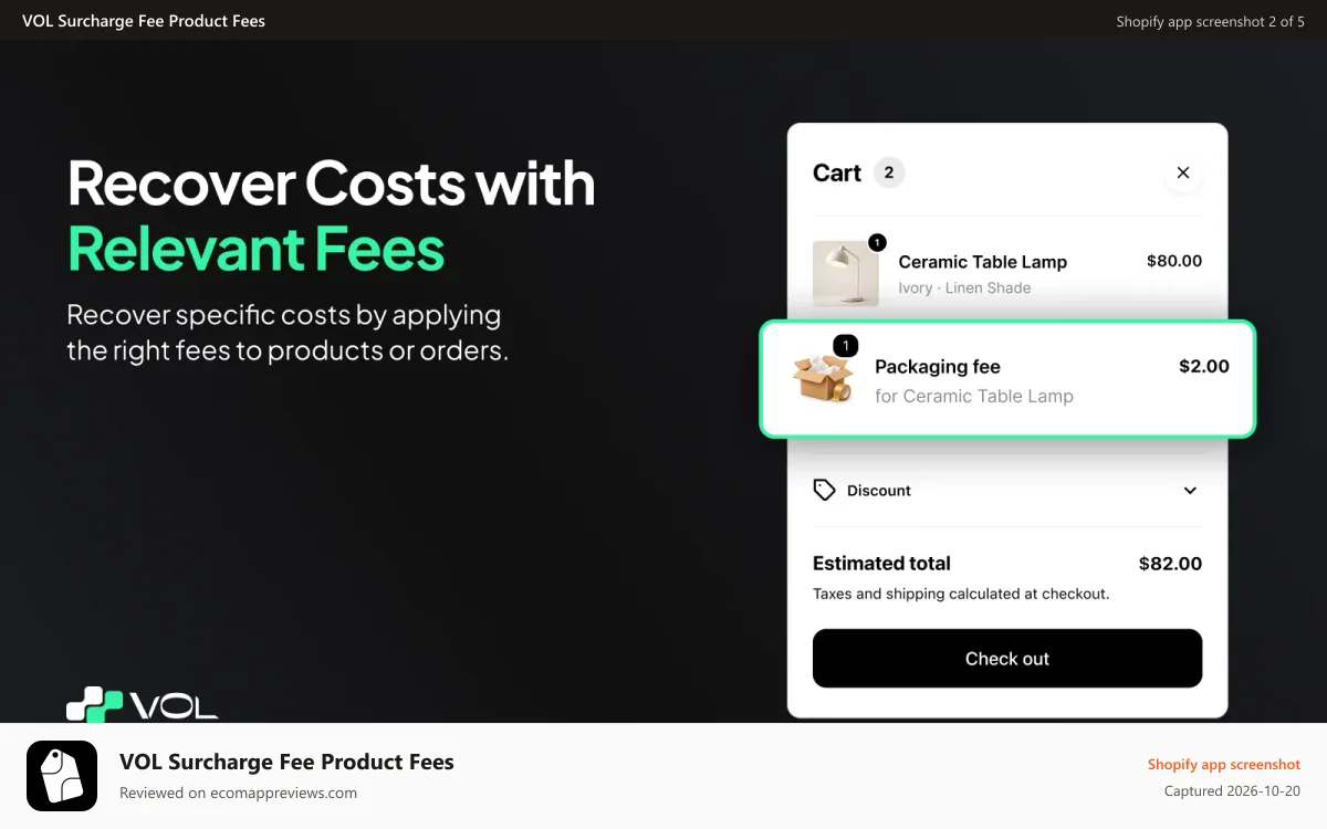 VOL Surcharge Fee Product Fees Shopify app screenshot: Add product fees, surcharges, tariffs and extra fees with rules