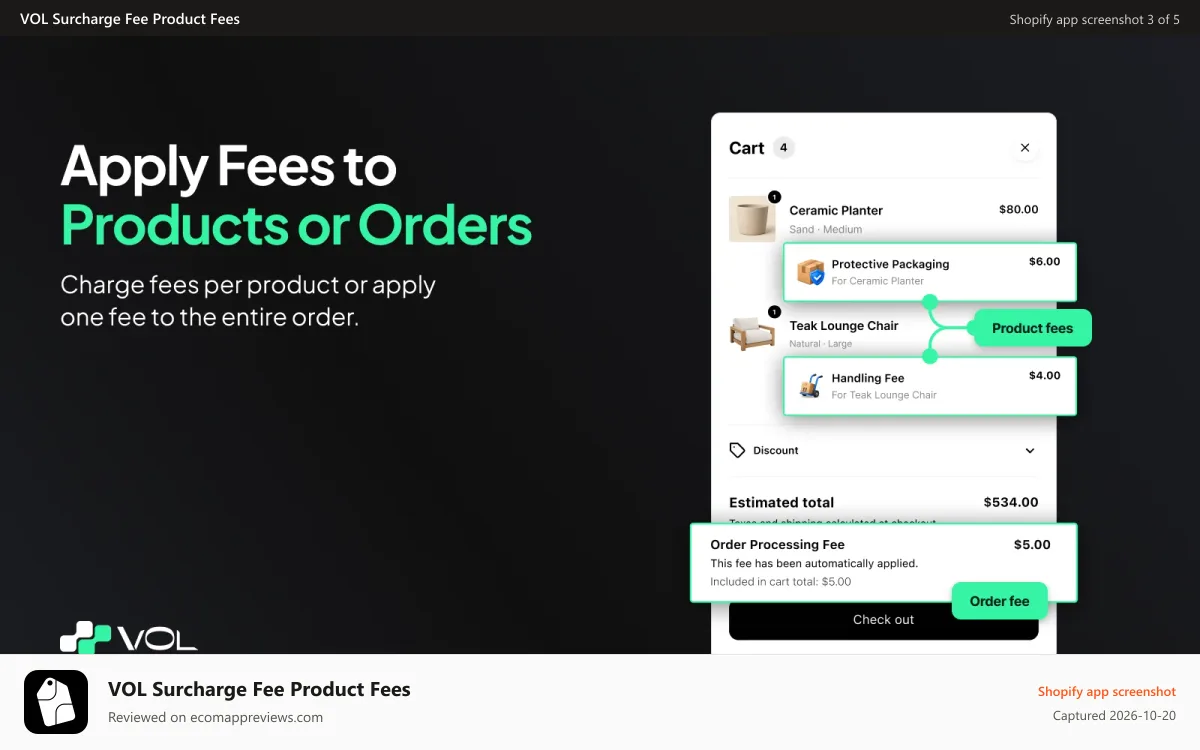 VOL Surcharge Fee Product Fees Shopify app screenshot: Apply product and order fees across cart, checkout and orders