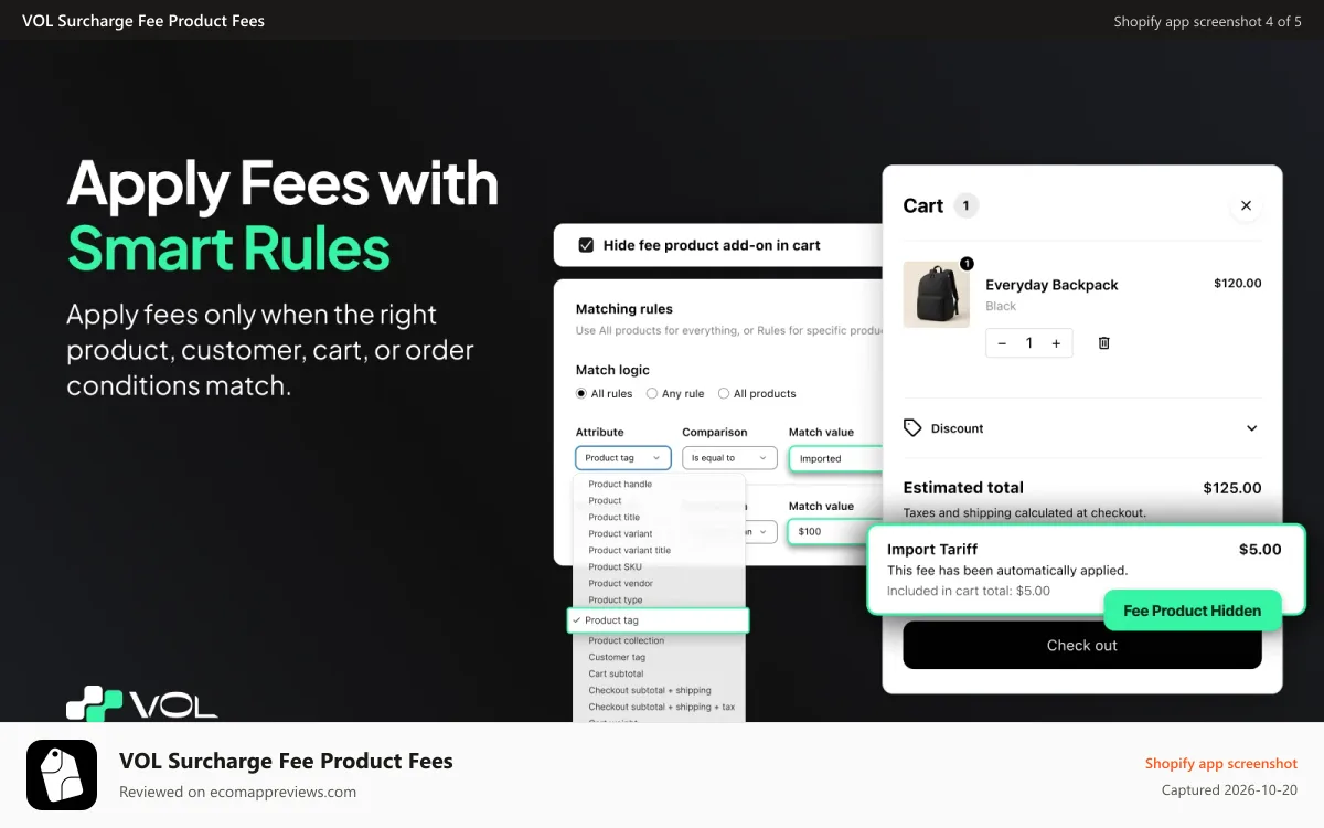 VOL Surcharge Fee Product Fees Shopify app screenshot: Create checkout surcharges with conditional fee rules by cart