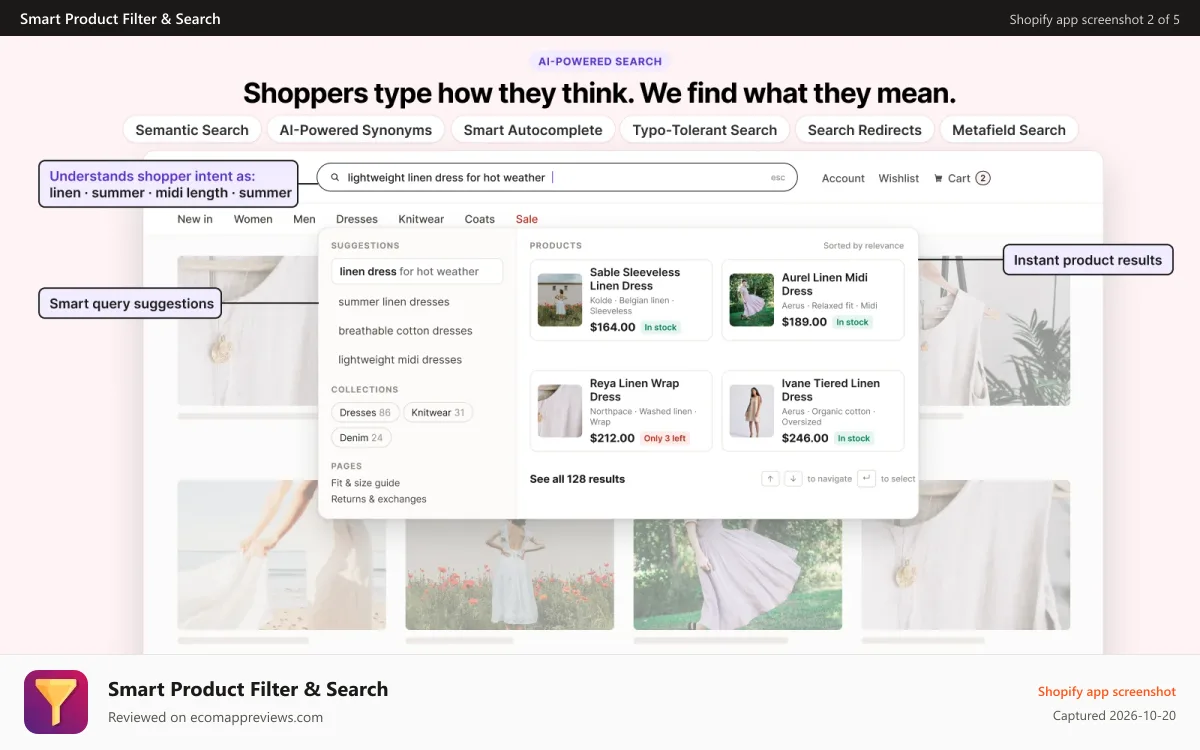 Smart Product Filter & Search Shopify app screenshot: AI-powered search
