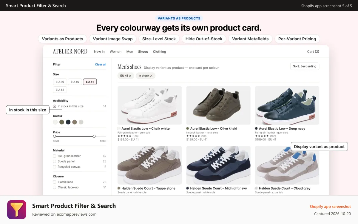 Smart Product Filter & Search Shopify app screenshot: separate variants as product in collection page