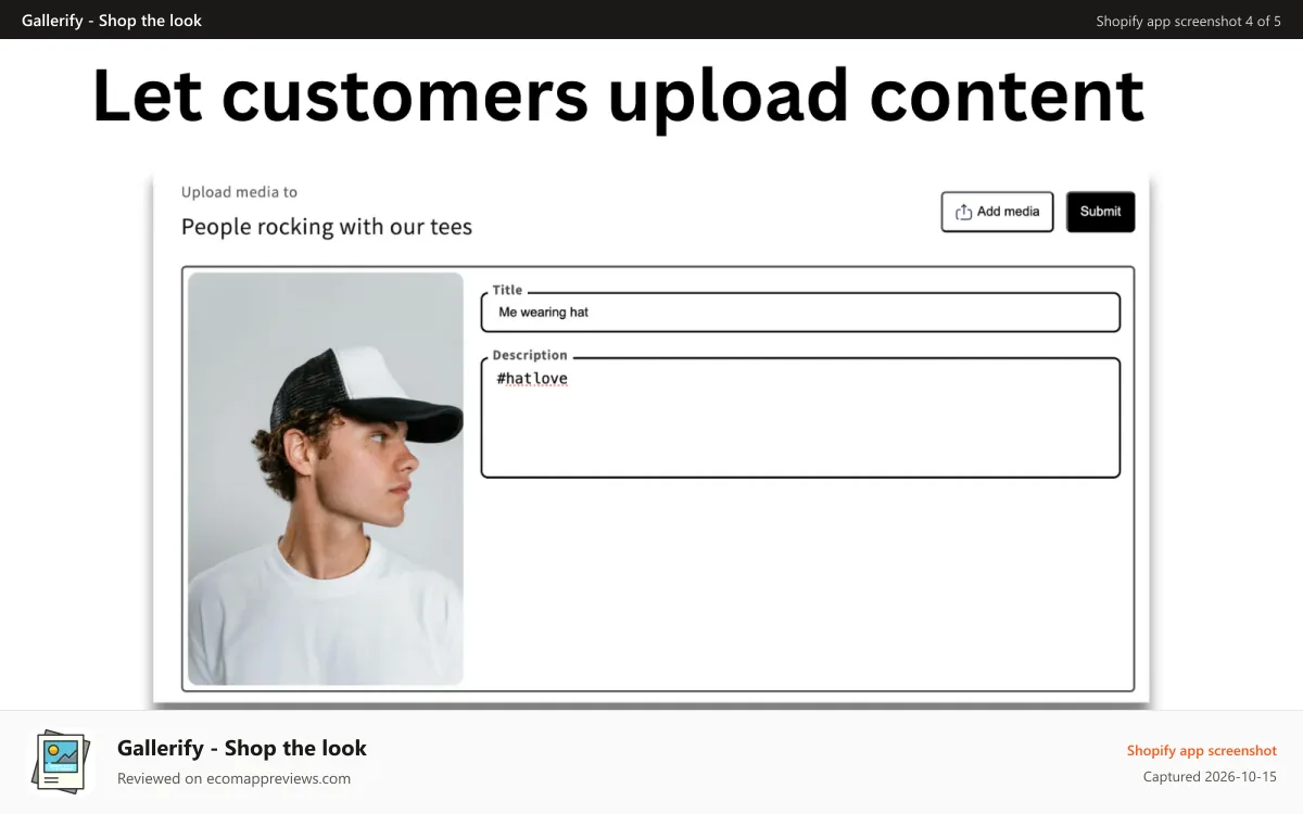 Gallerify ‑ Shop the look Shopify app screenshot: Direct upload by customers