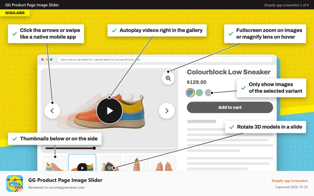GG Product Page Image Slider Shopify app screenshot: All features of GG Product Page Slider