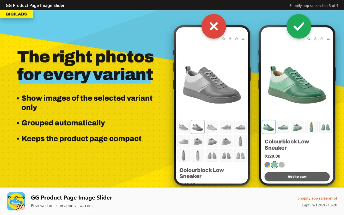 GG Product Page Image Slider Shopify app screenshot: Show images of the selected variant in Shopify