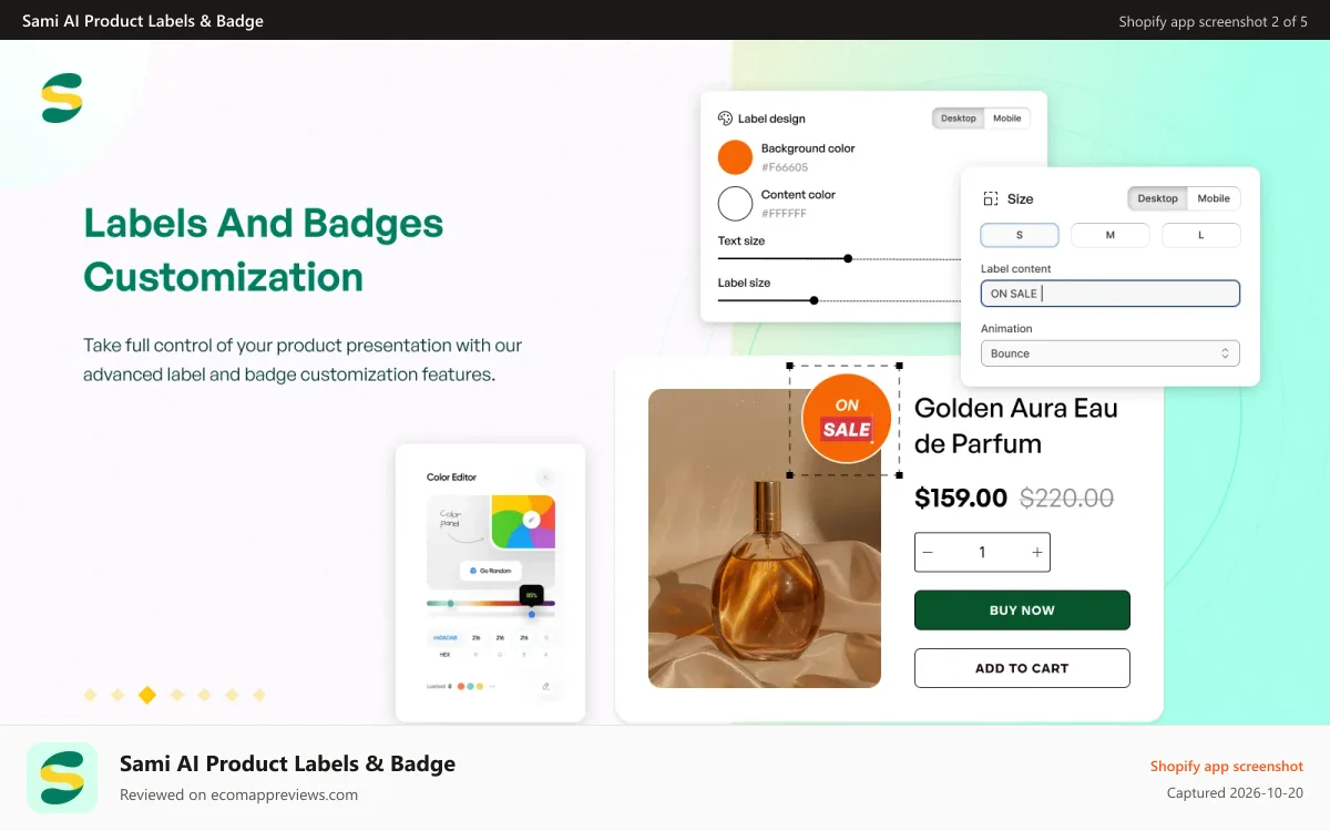 Sami AI Product Labels & Badge Shopify app screenshot: Labels & badges customization