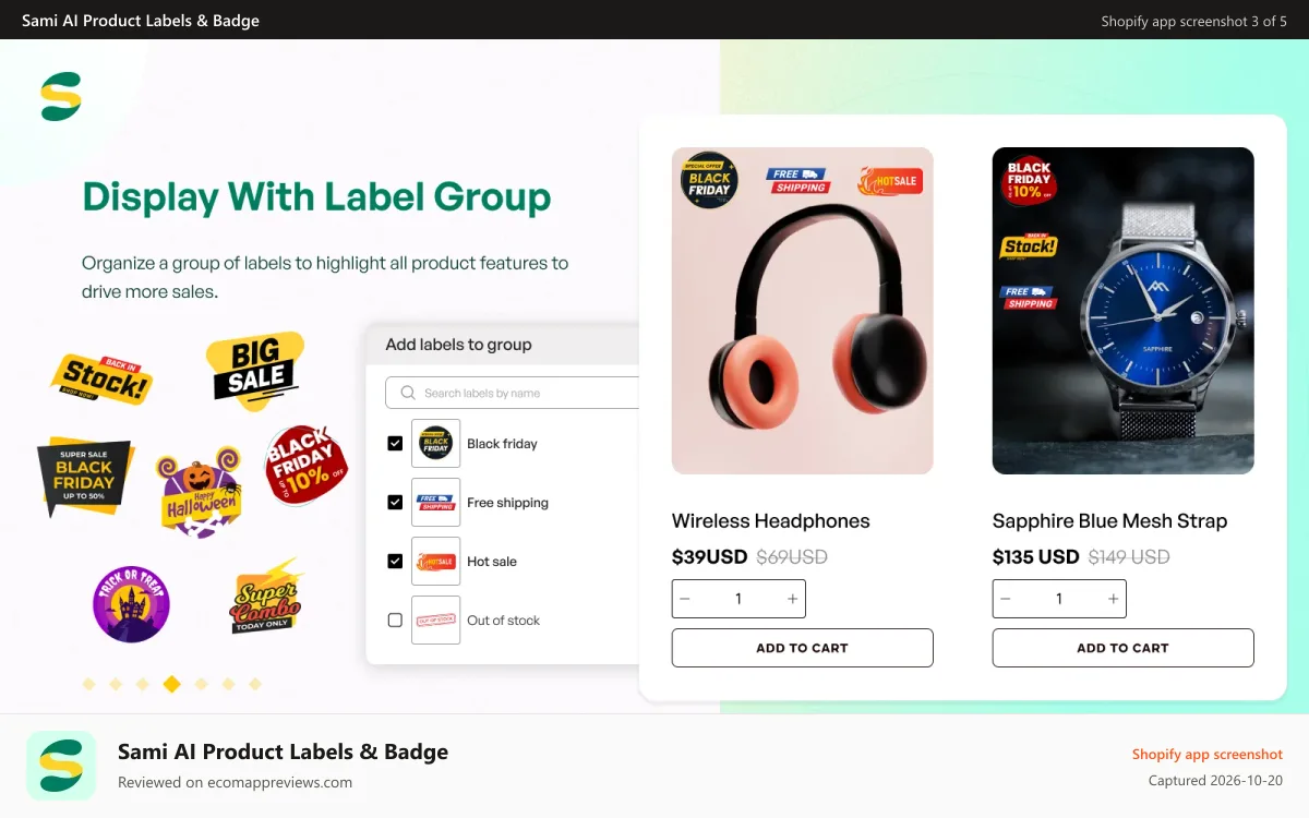 Sami AI Product Labels & Badge Shopify app screenshot: Display with label Group