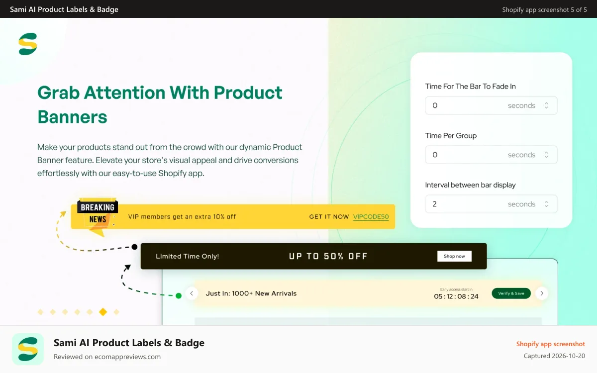 Sami AI Product Labels & Badge Shopify app screenshot: Grab attention with product banners