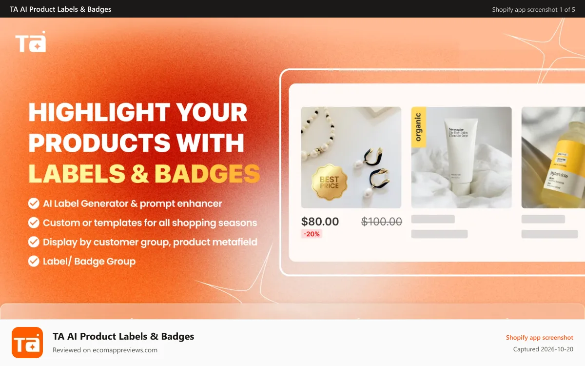 TA AI Product Labels & Badges Shopify app screenshot: Make every product stand out with custom labels and badges