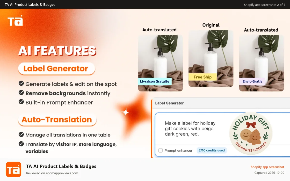 TA AI Product Labels & Badges Shopify app screenshot: AI Label Generator & Editing with built-in Prompt Enhancer