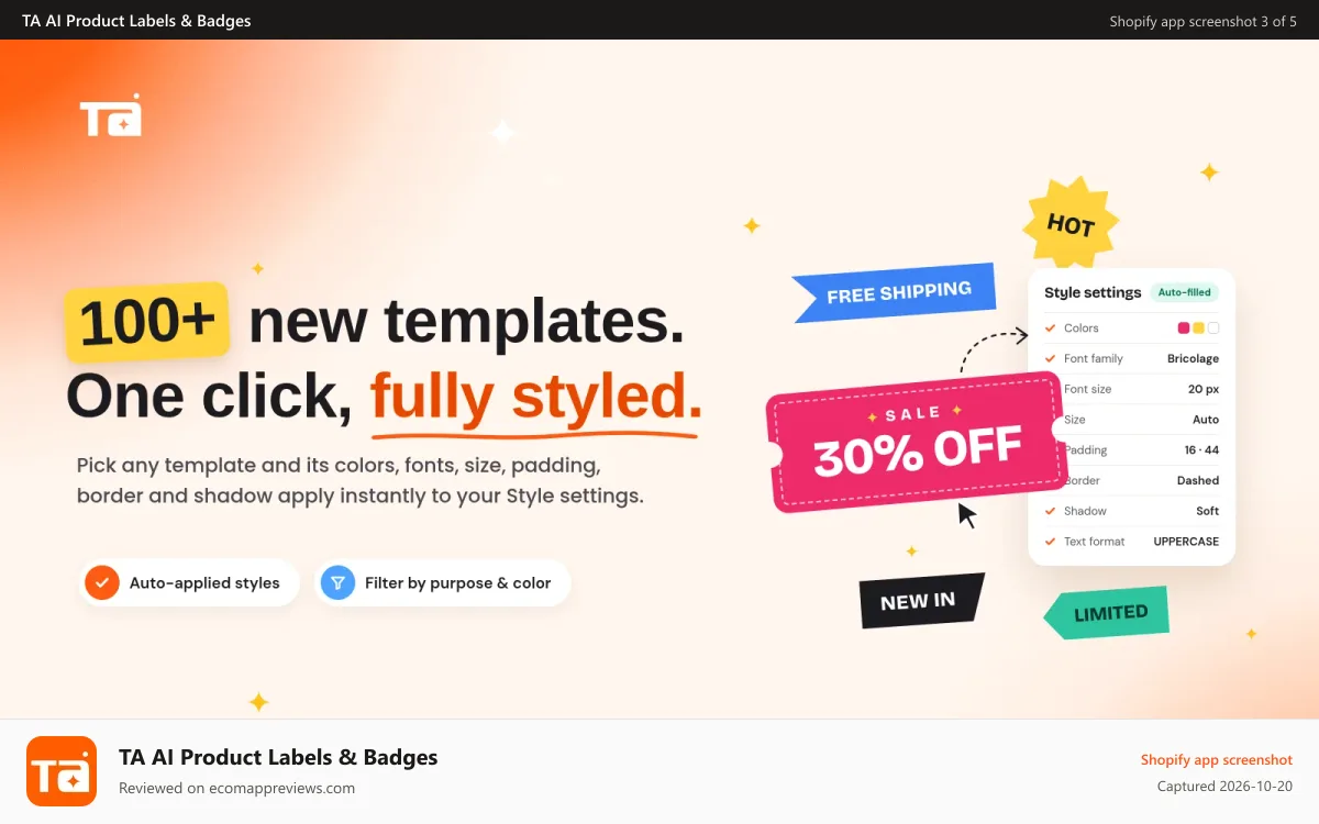 TA AI Product Labels & Badges Shopify app screenshot: Product label shapes, borders and ready-made templates
