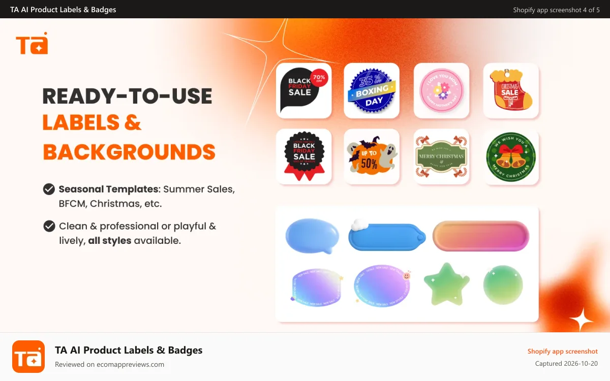 TA AI Product Labels & Badges Shopify app screenshot: 12K+ free images, Ready to use templates/backgrounds