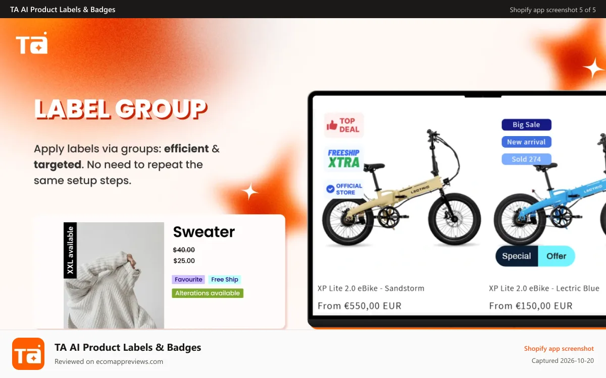 TA AI Product Labels & Badges Shopify app screenshot: Product Label Group, Label bundle