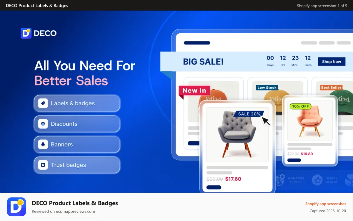 DECO Product Labels & Badges Shopify app screenshot: DECO: appealing labels, badges and banner bars to boost sales