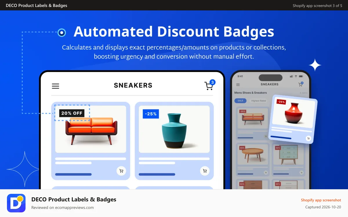 DECO Product Labels & Badges Shopify app screenshot: Auto calculate and display discount amount on discount products