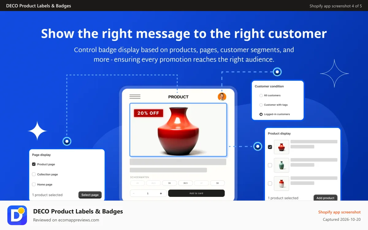 DECO Product Labels & Badges Shopify app screenshot: Set up labels & badges fast with automated conditions