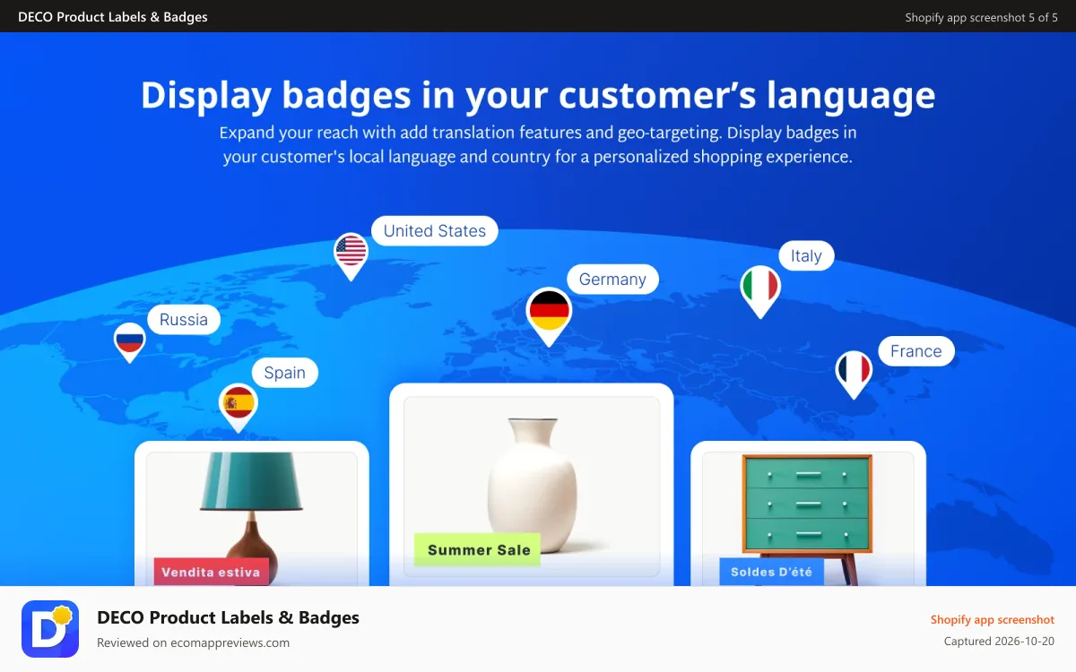 DECO Product Labels & Badges Shopify app screenshot: Translate badges by language, country, or customer tag