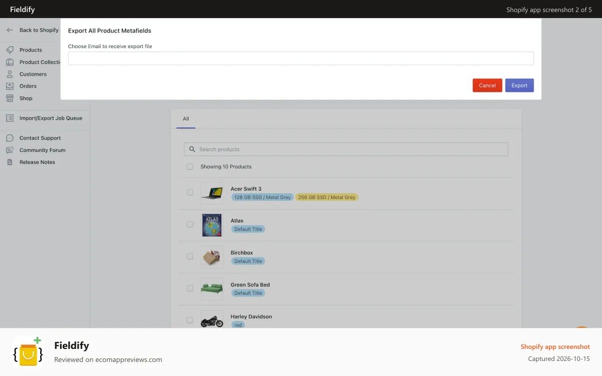 Fieldify Shopify app screenshot: Export Metafields