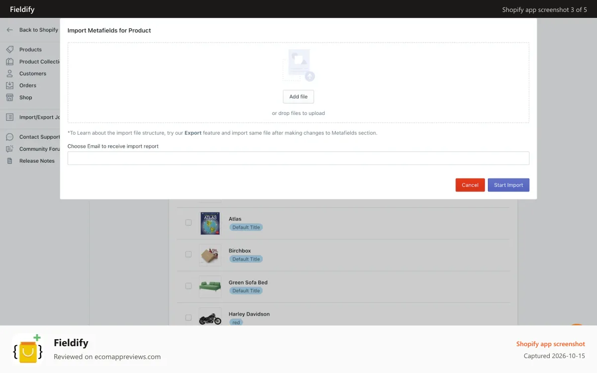 Fieldify Shopify app screenshot: Import Metafields