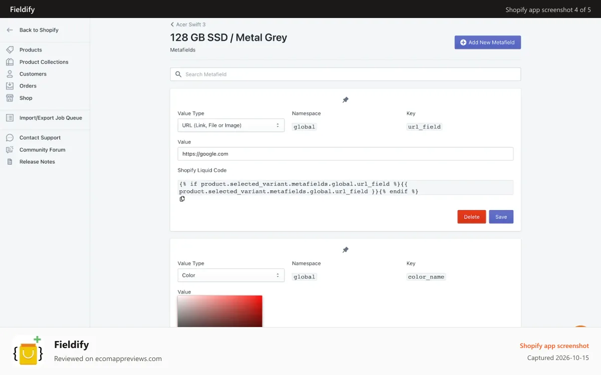 Fieldify Shopify app screenshot: Metafields Page