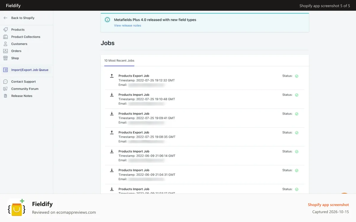 Fieldify Shopify app screenshot: Import/Export Queue