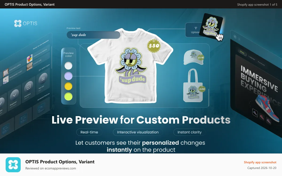 OPTIS Product Options, Variant Shopify app screenshot: Preview customized product options