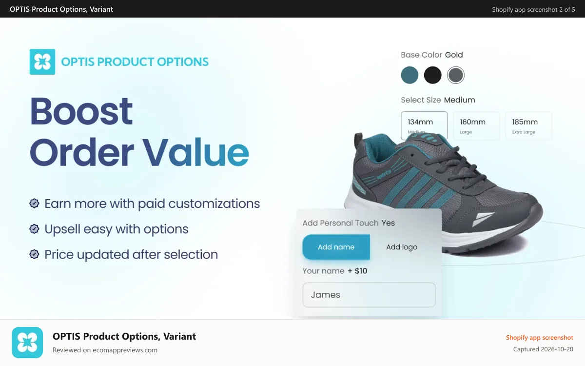 OPTIS Product Options, Variant Shopify app screenshot: Increase AOV & upsell with paid customization options