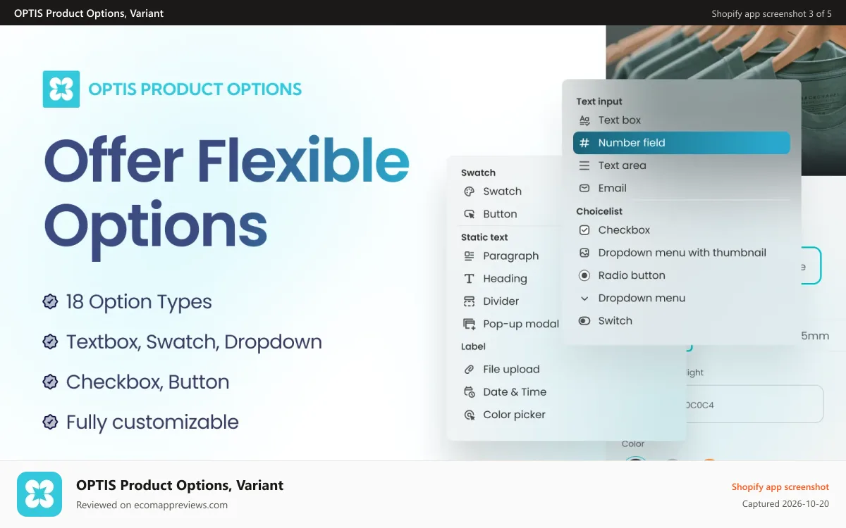 OPTIS Product Options, Variant Shopify app screenshot: OPTIS offers 18+ product option types: textbox, swatch, dropdown