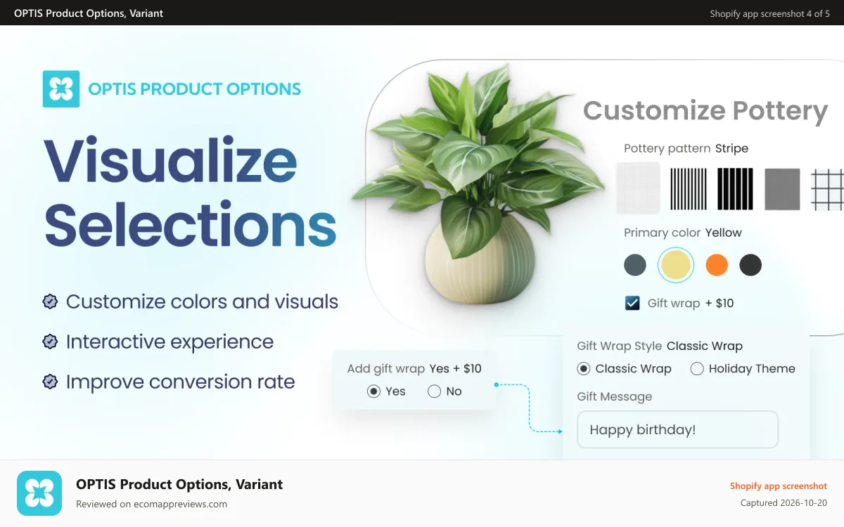OPTIS Product Options, Variant Shopify app screenshot: OPTIS improve shopping experience with conditional variants