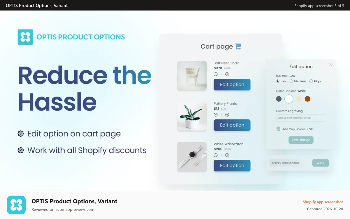 OPTIS Product Options, Variant Shopify app screenshot: OPTIS let customer edit product options directly on cart page