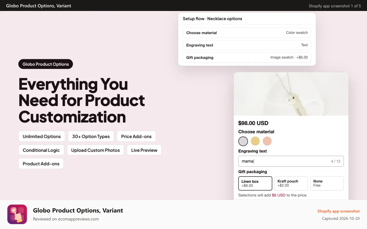 Globo Product Options, Variant Shopify app screenshot: Create specific product option