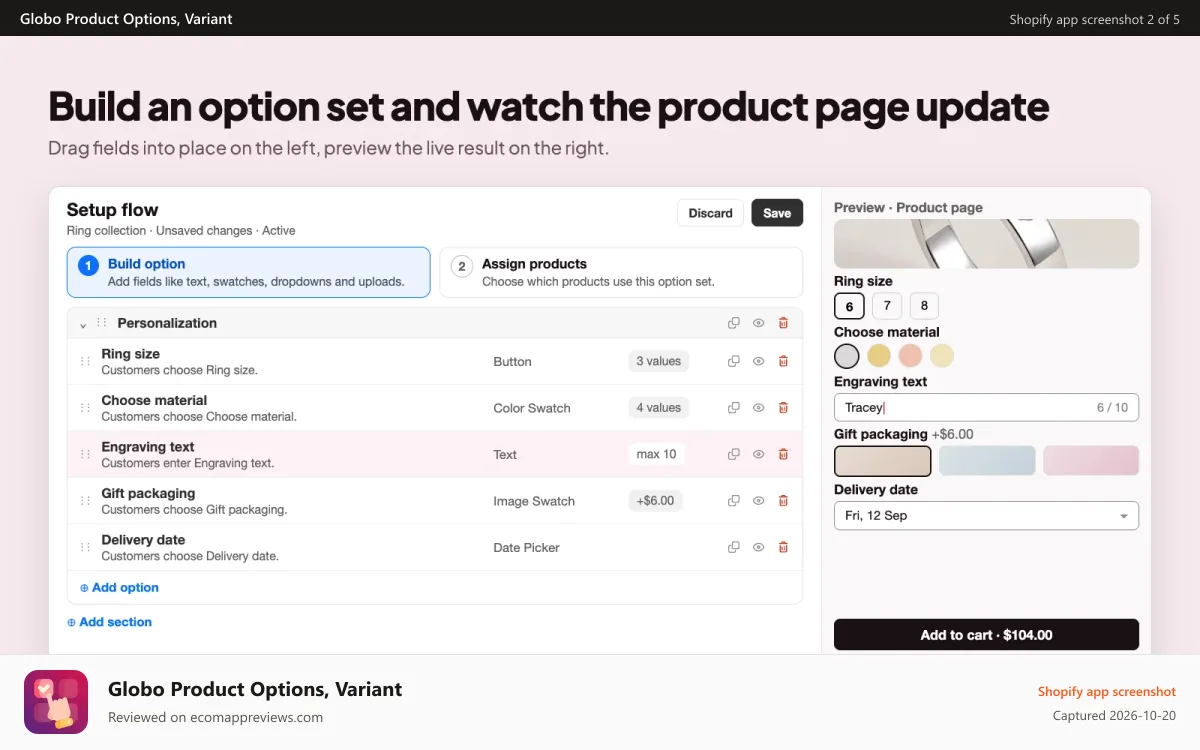 Globo Product Options, Variant Shopify app screenshot: Product option builder