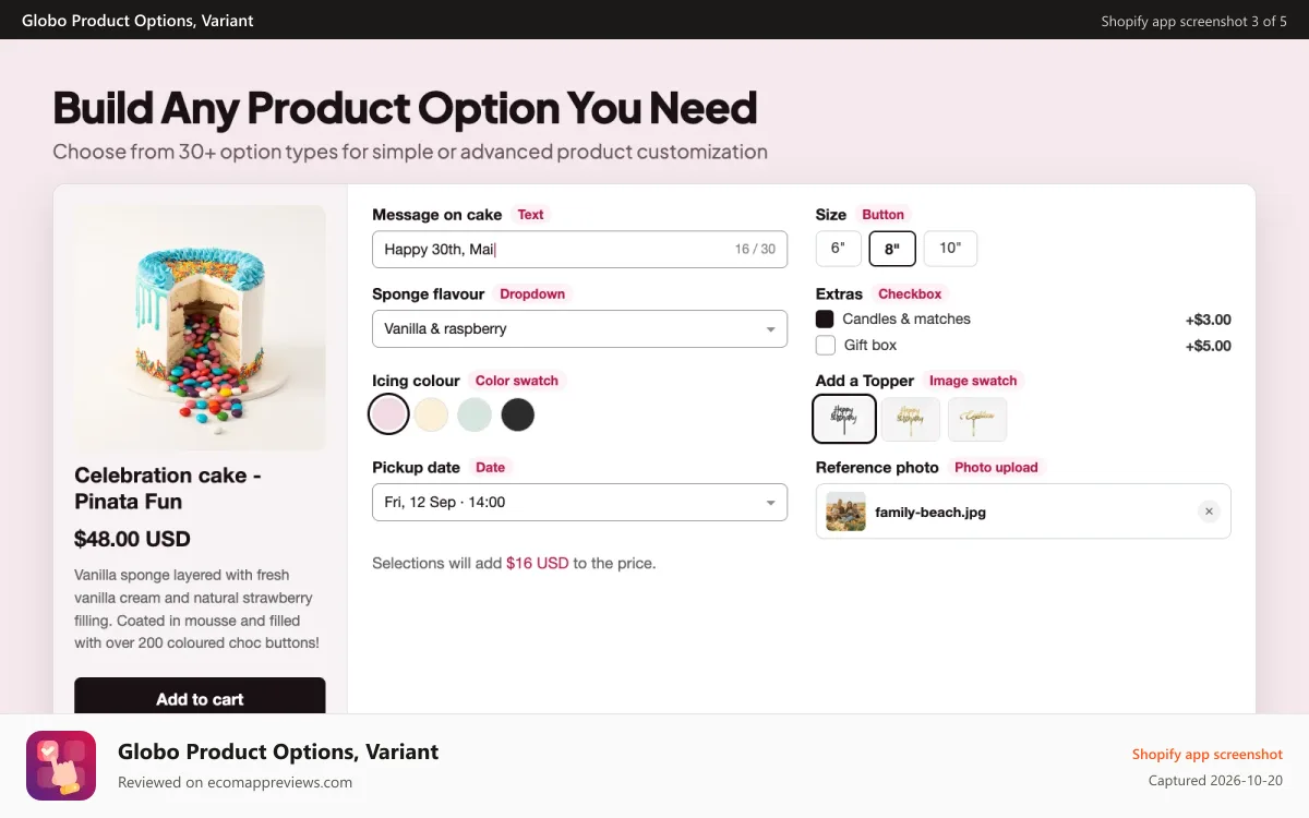 Globo Product Options, Variant Shopify app screenshot: Multipe option types